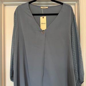 Drape front blouse with sheer dotted lantern style sleeves